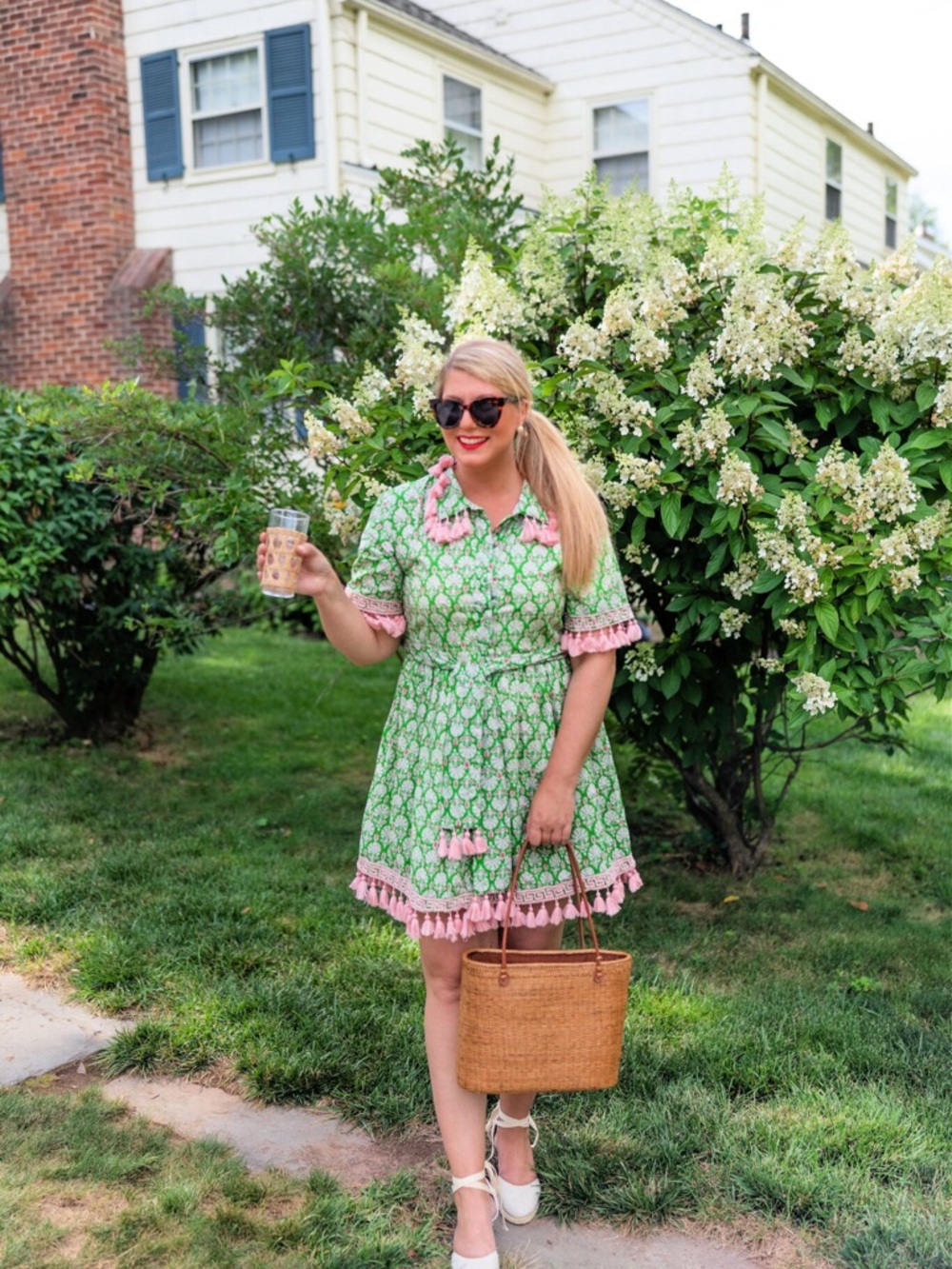 Green Floral Tie-Waist Dress with Pink Trim 100% Cotton